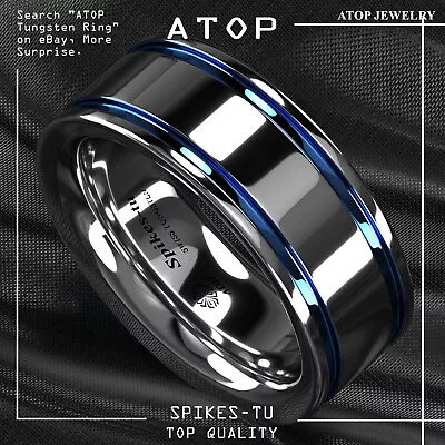 8mm Tungsten Carbide Ring Blue Grooved Line For Men Wedding Band ATOP Jewelry • $15.29