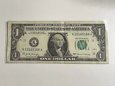 Mini Repeater Trinary (K 15165166 A) Fancy Serial Number One Dollar Bill 2017 • $4.99