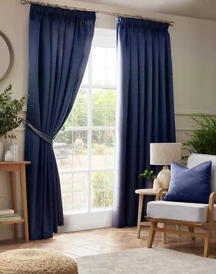 Navy Madison Dobby Fabric Squares Lined Tape Top Pencil Pleat Curtains Pair • £29.99