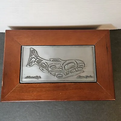 Salmon & Eagle Artist Roxana Leask Pewter Whale Wood Trinket Box • $16.85