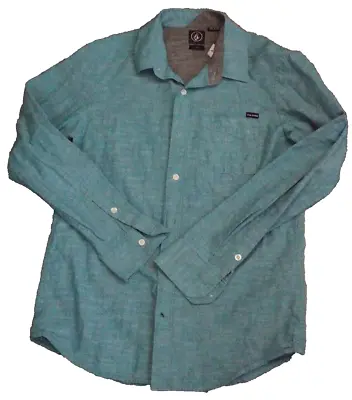 Volcom Shirt Men’s Size Medium Blue Solid Long Sleeve Button Up 100% Cotton • $13.99