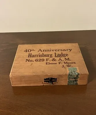 1943 40th Anniversary Wooden Cigar Box Tax Stamp Harrisburg Lodge #629 F. & A.M. • £28.89