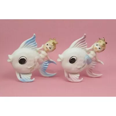 Norcrest Vintage Mermaids Riding Their Cute Angel Fish Wall Pocket Set Japan • $599