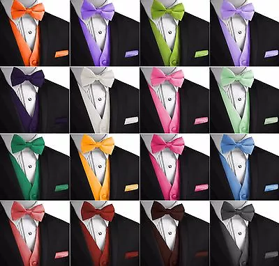 Men's Solid Satin Tuxedo Vest Bow-Tie & Hankie Set. Formal Casual Wedding Prom • $22.95