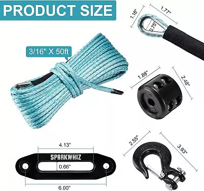 SPARKWHIZ 8500LBS ‎3/16  X 50ft Synthetic Winch Rope Cable W/Sleeve W/Winch Hook • $41.99