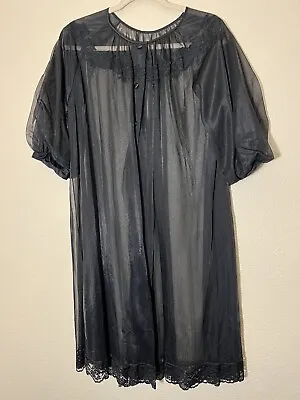 VTG Shadowline Babydoll Nightgown Women’s Medium Black Sheer Chiffon Lace Hem • $64.50