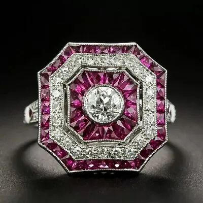 Art Deco Vintage Style Lab Created Diamond & Ruby Anniversary 925 Silver Ring • $72.45