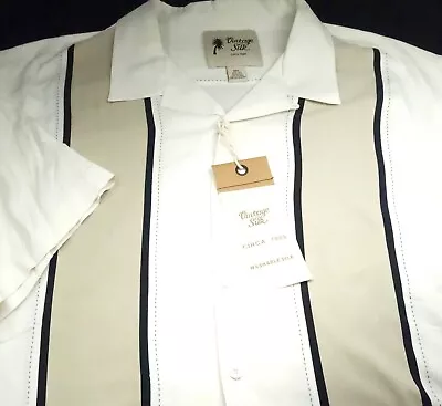 New! Vintage Silk Camp Shirt -4xlt Tall 4xl Ivory White Tan Black Stripe Twill • $19.99