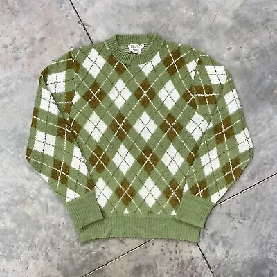 Vintage Campus Sweater 60s Argyle Pattern Fuzzy Orlon Acrylic Crew Neck Medium • $69.99