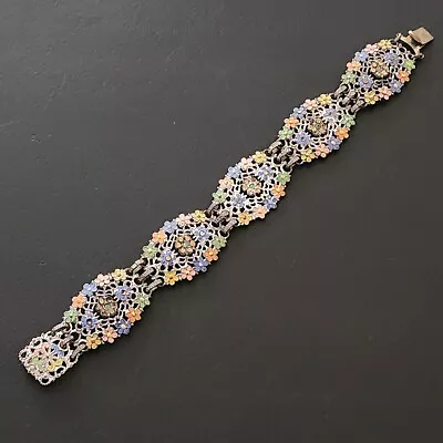 SIGNED CZECHOSLOVAKIA Antique Bracelet Enamel Flower Rhinestones Few Missing 241 • $10.50