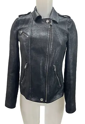Wonderful REBECCA TAYLOR Metallic Black Lamb Leather Moto Biker Jacket Size 0 • $39.99