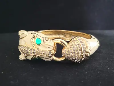 VTG Ciner Style Jaguar Ivory Panther Head Green Rhinestones Enamel Bracelet • $125