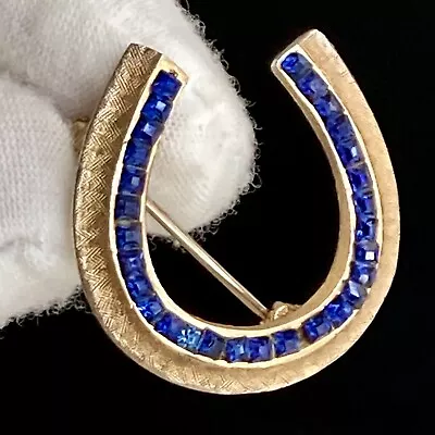 Vintage KRAMER Blue Rhinestone Horseshoe Brooch Pin 1” Gold Tone 7.80g Signed • $42