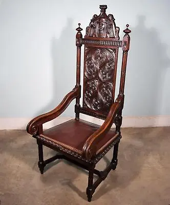 French Antique Highly Carved Chestnut Gothic Throne Chair With Leather Seat • $1625