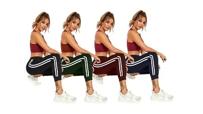 Womens Stripe Joggers Ladies Tracksuit Bottoms Jogging Gym Pants Lounge Wear • £8.98
