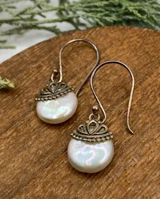 Vintage Sterling Bali Ivory Coin Pearl Drop Earrings • $28.99