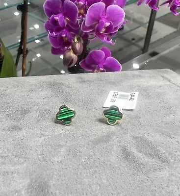 14k Yellow Gold Malachite Inlay Clover Earrings Italian Made • $210