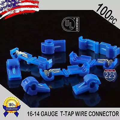 100 Pack T-Taps Blue 16-14 AWG Gauge Quick Slide Connectors Car Audio Alarm UL • $9.99