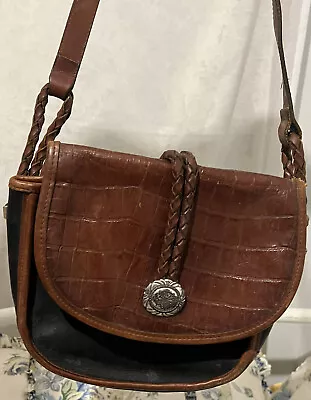 BRIGHTON Flap Woven Strap Accents Silver Flowers Med. Flap Shoulder Saddle Bag • $67.99