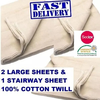 3 PACK 100% COTTON TWILL DUST SHEET INCLUDES STAIRCASE DUST SHEET 12/9 And 24/3 • £25.33