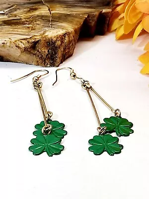 Earrings Vintage Shamrock Green Irish Luck Clover St Patrick's Day Dangle Charm • $6.44