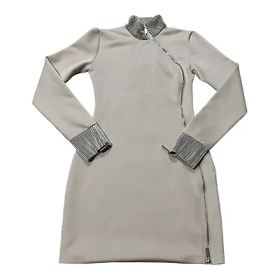 Maniere De Voir Long Sleeve Full Moto Dual Zip Mini Dress Women’s 4 Tan Stretch • $34.97