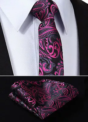 Mens Tie Black Fuschia Pink Floral Grey Paisley Silk FREE Hanky VALENTINE Gift • £11.99