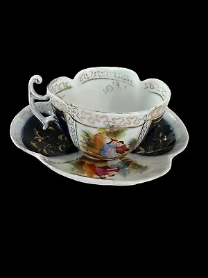 Antique Dresden Porcelain QUATREFOIL Tea Cup & Saucer Hand Painted Couple (#6/7) • $45