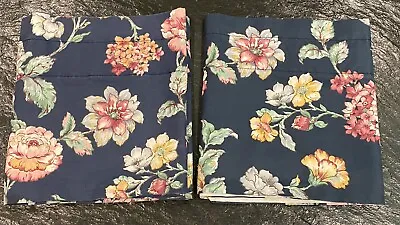 2 Pc / 82  Vintage 80s Valances Navy Blue Floral Curtain Hydrangea Rose JCPenney • $26.99