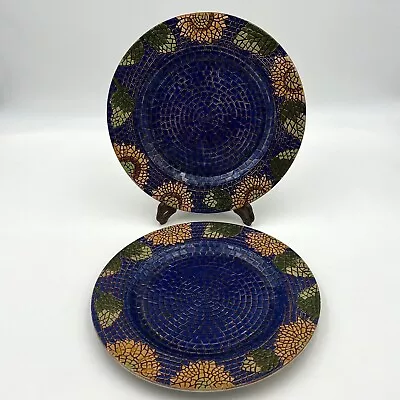 ND Hand Painted Mosaic Blue Sunflower Ceramic Dinner Plates 10.5 Inch Set Of 2 • $19.49