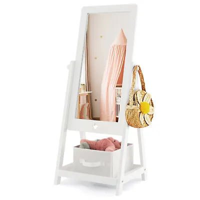 Kids Freestanding Full Length Dressing Floor Mirror With Shelf Storage Bin White • $75.99