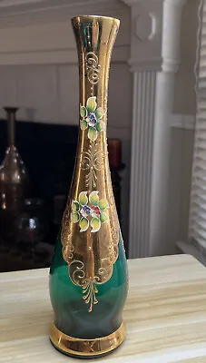 BEAUTIFUL Vintage HP Flowers GREEN & GOLD Glass Decanter MURANO ITALY! • $32