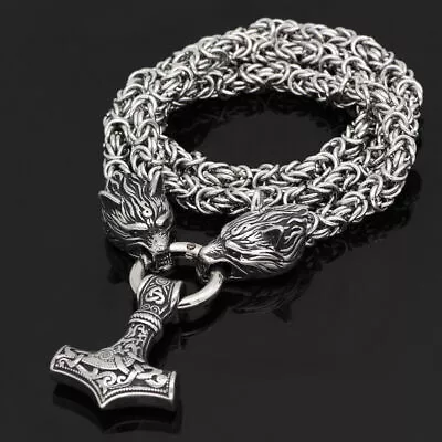 Men's Vintage Silver Norse Viking Wolf&Thor Hammer Mjolnir Pendant Necklace • £16.99