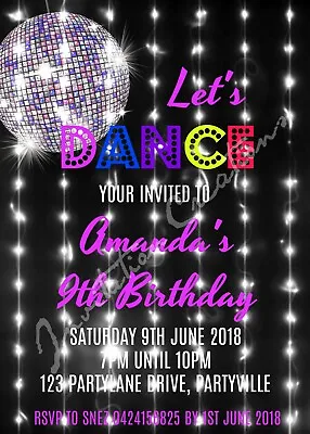 DIY Print Custom  GIRLS DANCE DISCO NEON GLOW BIRTHDAY Party Invitations • £6.20