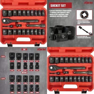 Impact Sockets Set 1/2Inch Drive Master Shallow Socket Kit SEA Metric Tool 24 PC • $58.33