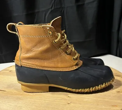 Eddie Bauer 6 Inch Leather Brown Navy Rubber Duck Boots Size 8 • $20