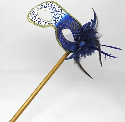  Blue Gold And White  Masquerade Carnival Ball Party Eye Mask Hand Held Stick • £11.99
