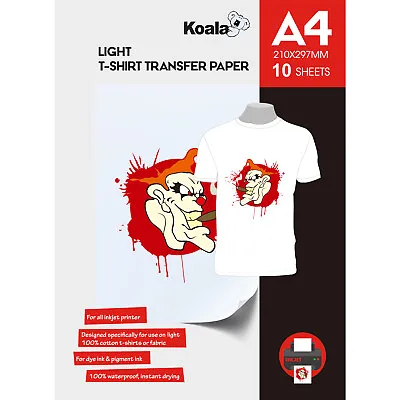 KOALA Inkjet Iron On T Shirt Transfer Paper For Light Fabrics X 10 Sheets A4 • £7.49