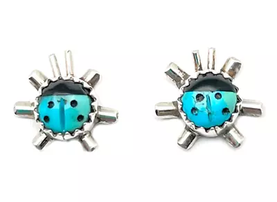 Navajo Lady Bug Inlay Post Earrings Turquoise  Jet  A. McCabe • $48.34