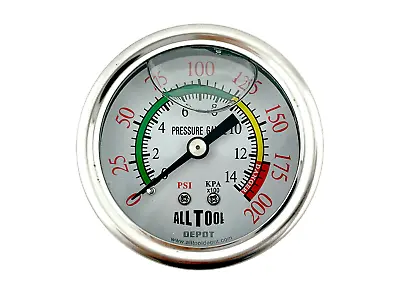 Oil Filled Pressure Gauge 2  Dial Center Back Mount 1/4 NPT - 0 To 200PSI Color • $14.49