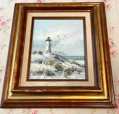 Vintage Gordon Framed Lighthouse  Winter Beach  Oil Painting Signed • $34.50
