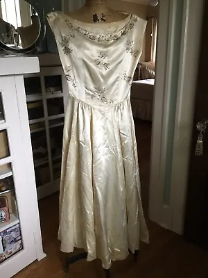 Vintage Ivory Satin Dress Bugle Beads Pearls Princess Full Skirt 1940’s AS IS • $39.99