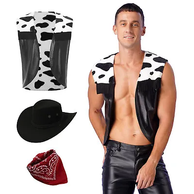 Mens Vest Cowgirl Cowboy Western Waistcoat Open Front Bandanna Halloween Hat • $34.09