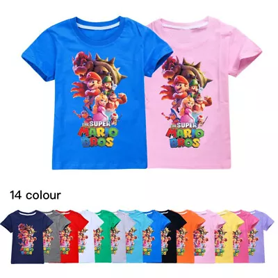 Mario Bros Bowser Peach Boys Girls Casual Short Sleeves Cotton Kids T-shirt Tops • £8.54