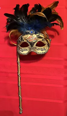 Masquerade Ball Mask Handle Paper Mache Hand Decorated Lace Feather Music Note • $22.90