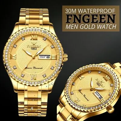 $15.99 • Buy FNGEEN Waterproof Gold Men's Watch Classic Stainless Steel Quartz Business Gift