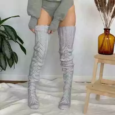 Women Grey Knitted Long Socks Over The Knee Leg Warm Thigh High Stockings Winter • £5.98