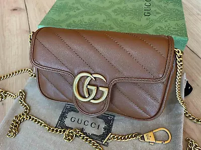 Gucci Matelassé Brown Leather Marmont Super Mini Bag Gold GG Purse Genuine • $659