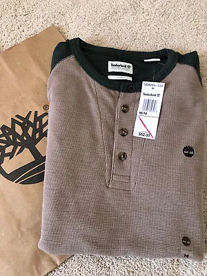 Timberland Mens Green & Tan Henley Neck Slim Fit Waffle Knit Thermal Size Medium • $32