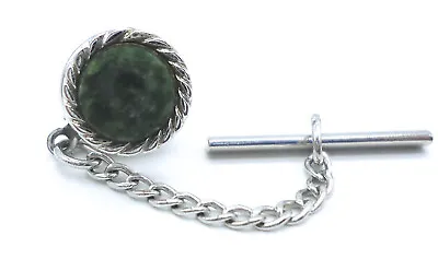 Vintage Anson Signed Sterling Silver Round Nephrite Stone Tie Tack • $16